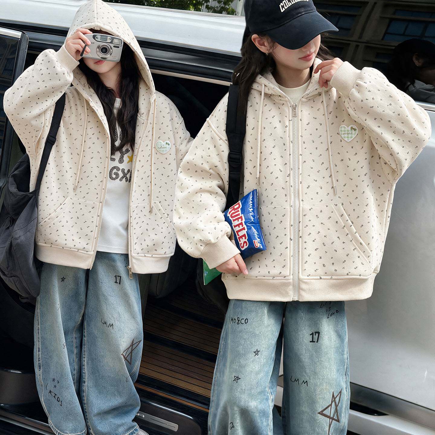 专柜品牌女童洋气碎花连帽卫衣外套2026秋装新款大童韩版百搭休闲