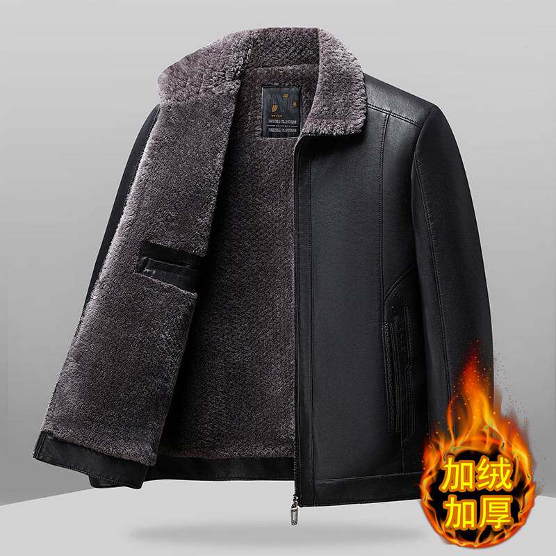 专柜品牌中老年人男士皮夹克加绒加厚款冬季皮毛一体御寒保暖爸爸