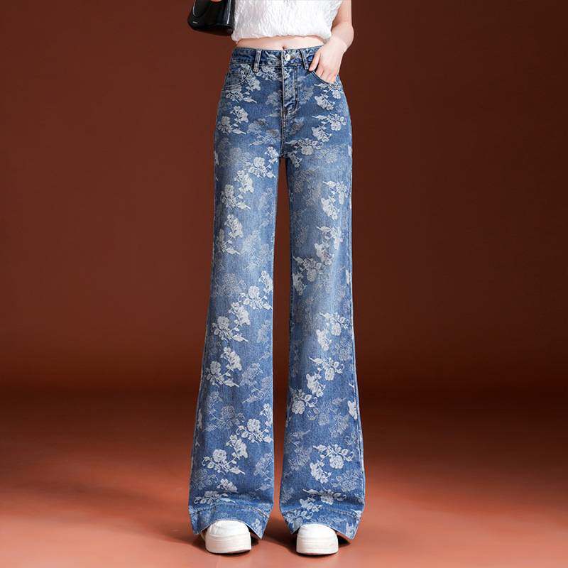 专柜品牌重工印花筒喇牛仔裤女2026春秋新款高腰显瘦休闲时尚阔腿