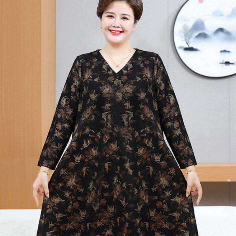 专柜品牌中老年女装春秋长袖连衣裙加大码妈妈中长款过膝长裙时尚