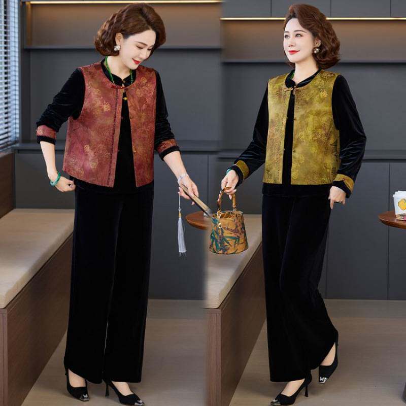专柜品牌中老年女装秋装春秋金丝绒套装洋气妈妈中式国风马甲上衣