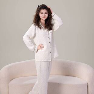 专柜品牌秋季女士睡衣夹层套装春秋款薄夹棉可外穿宽松棉质家居服