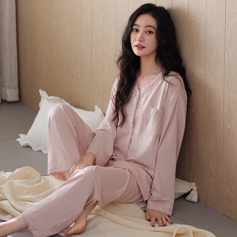 专柜品牌莫代尔睡衣女春秋季新款长袖开衫套装高级感大码薄款家居