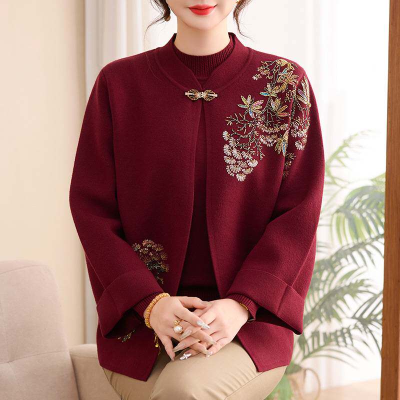 专柜官方中年妈妈装秋冬款刺绣针织开衫高贵上衣中老年女装洋气毛