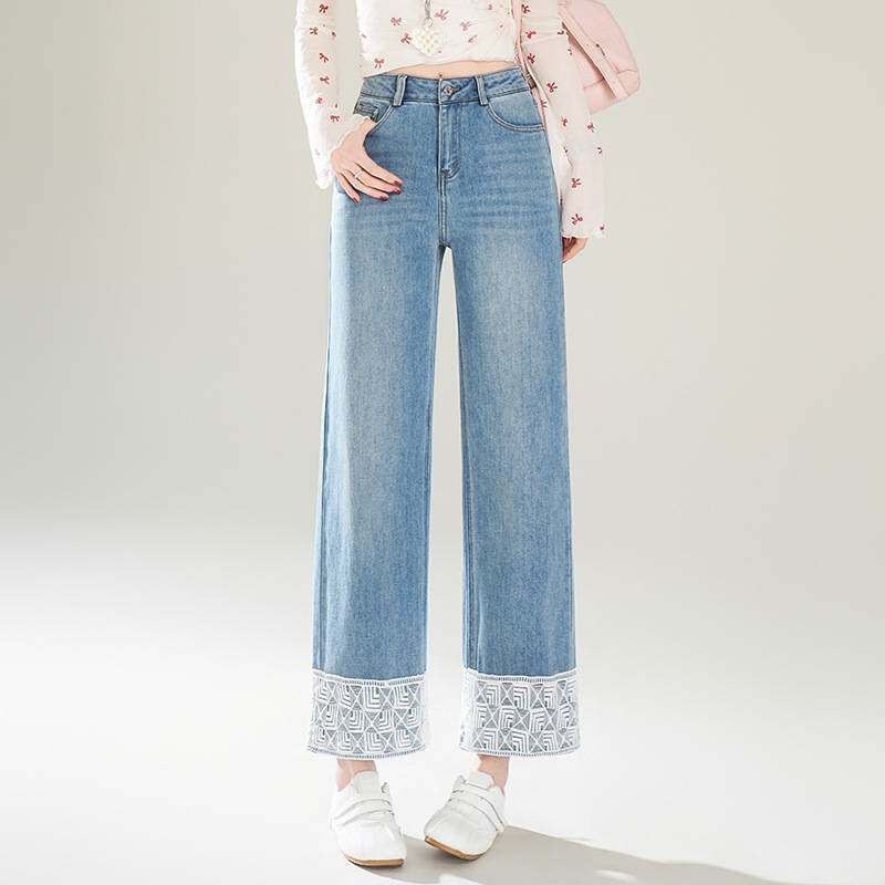 专柜品牌浅蓝色花边九分直筒牛仔裤女2026春夏新款高腰显瘦休闲窄