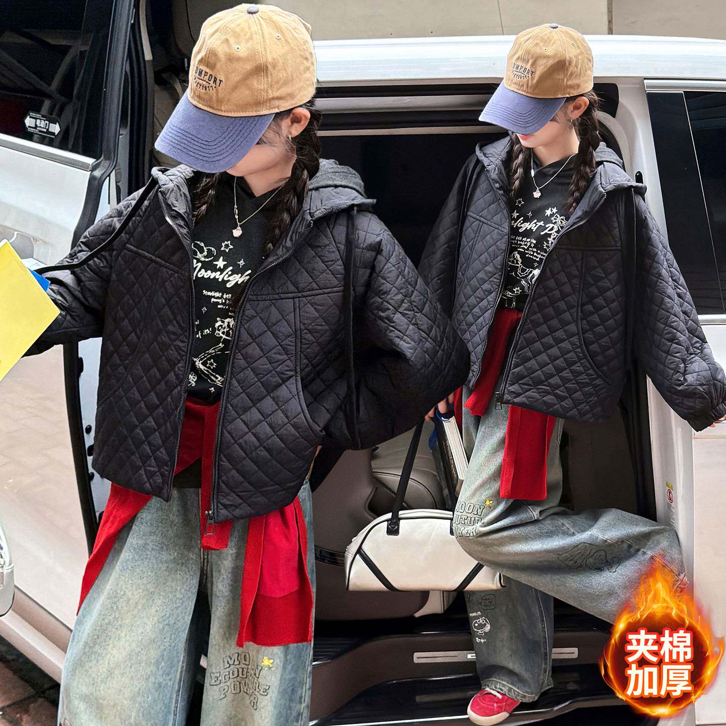 专柜品牌秋冬女童连帽加厚棉服2026新款儿童韩系中大童宽松面包绗