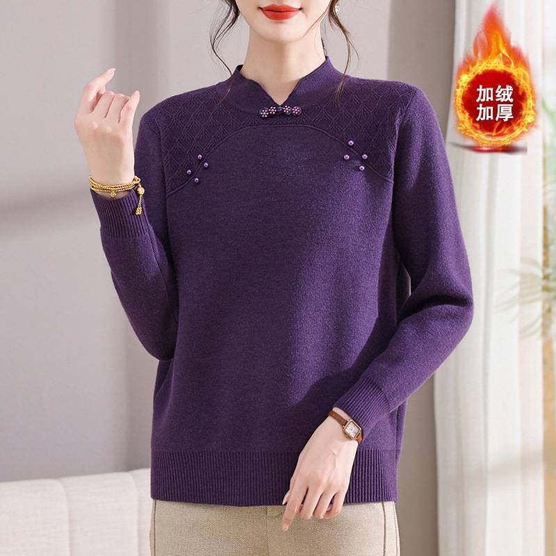专柜品牌妈妈冬装洋气新国风加绒加厚针织打底衫中老年人女款时尚