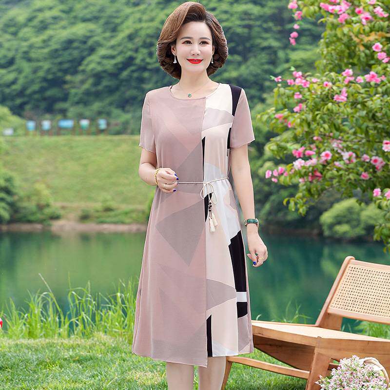 专柜官方新中式妈妈夏季连衣裙中年新款洋气雪纺裙子中老年夏装气