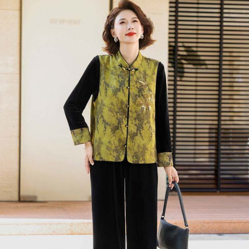 专柜品牌新中式妈妈春装金丝绒套装喜婆婆婚宴装中老年人春秋国风