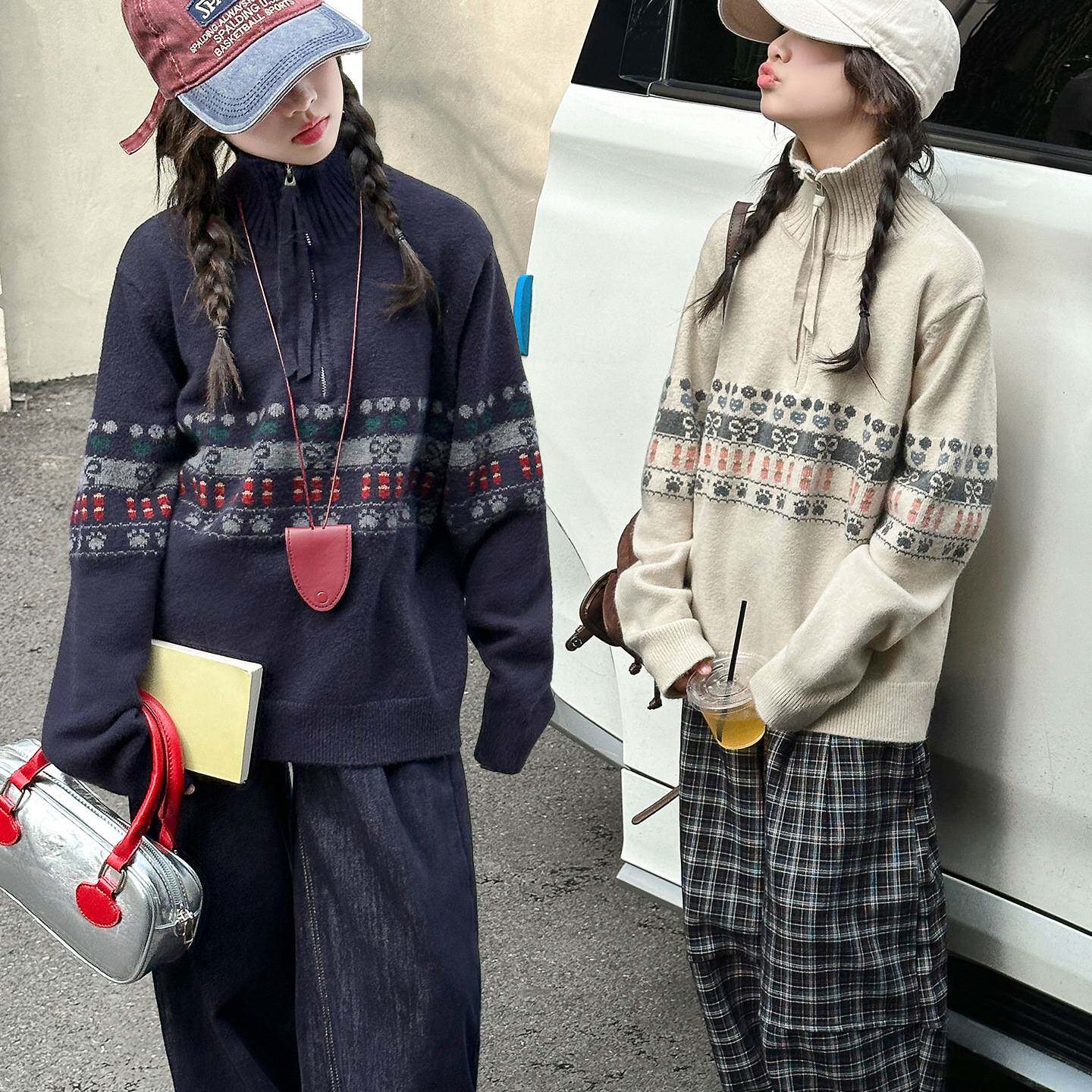专柜品牌新款撞色提花高领半拉链针织女童冬季新款内搭毛衣费尔岛