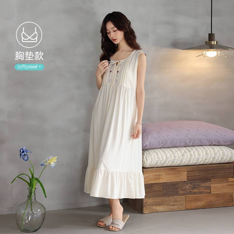 专柜官方莫代尔带胸垫睡裙女夏季无袖背心裙长款睡衣免穿文胸防凸