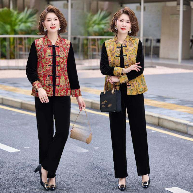 专柜品牌妈妈装秋季国风长袖三件套时尚洋气马甲套装中年女士春秋