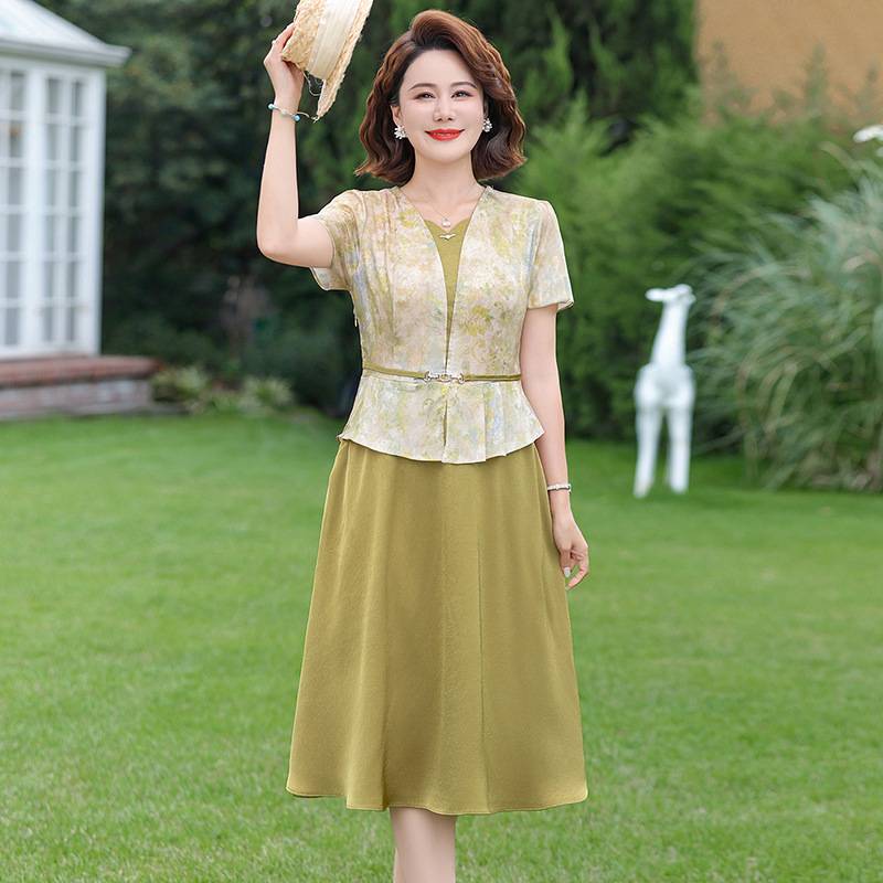专柜官方年轻妈妈夏装假两件连衣裙中老年奶奶夏季新款气质显瘦母