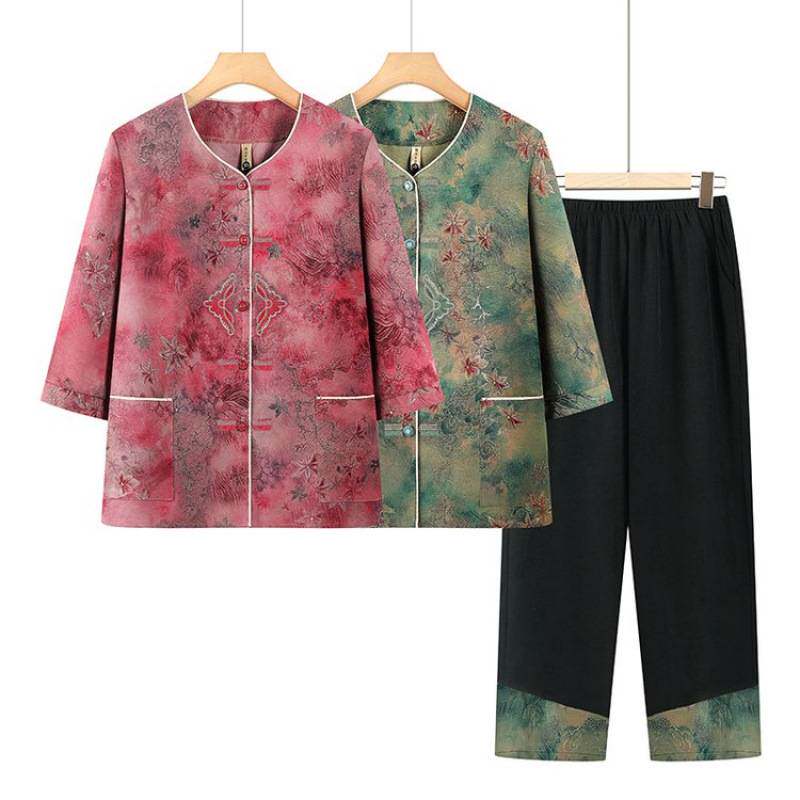 专柜品牌中老年女士春秋印花上衣搭配黑色松紧腰长裤套装舒适宽松