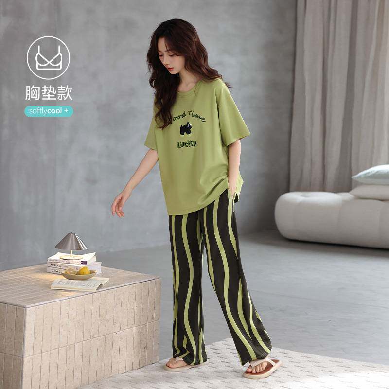 专柜官方带胸垫睡衣女款夏季2026新款纯棉短袖长裤全棉休闲夏天家