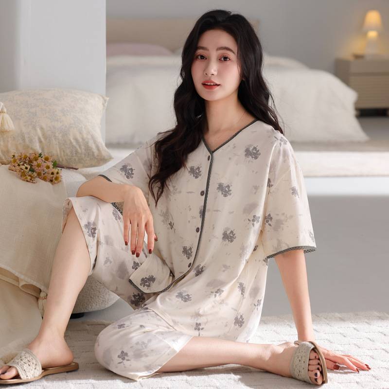 专柜官方夏季莫代尔棉睡衣女短袖七分裤中老年妈妈开衫宽松套装薄