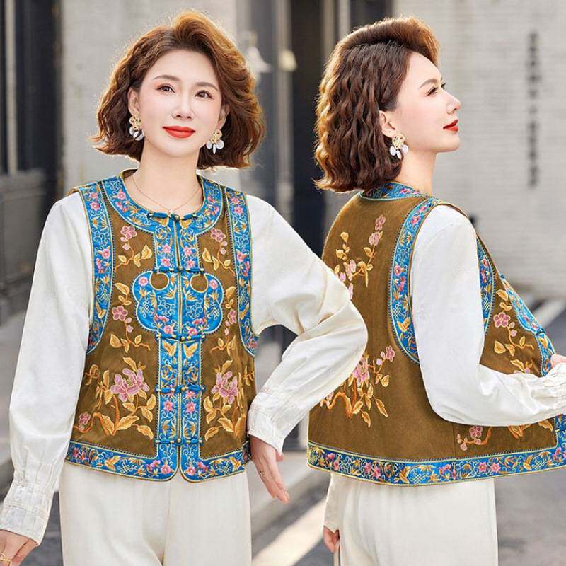 专柜品牌新国风妈妈春装圆领复古盘扣单排扣马甲撞色民族风新中式