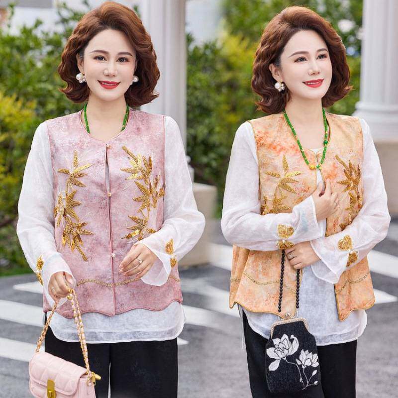 专柜品牌妈妈装春秋新款国风无袖马甲中老年女休闲大码减龄百搭两