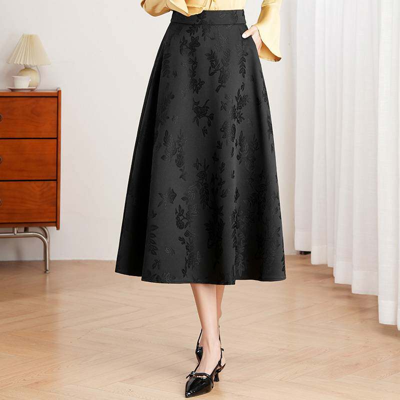 专柜品牌中式国风半身裙女2026春季新款松紧腰黑色提花宽松显瘦百