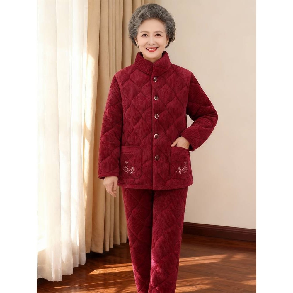 专柜品牌中老年人冬装加绒加厚睡衣套装女奶奶外穿棉衣棉裤妈妈保