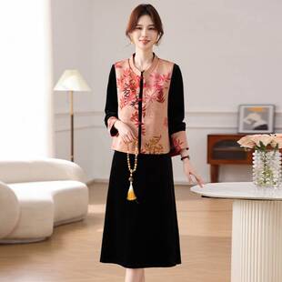 专柜品牌中年妈妈春装端庄大气连衣裙套装中老年女士春秋印花国风