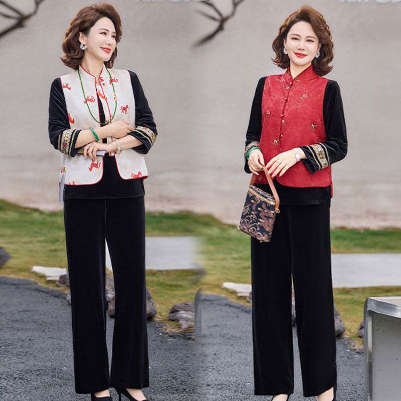 专柜品牌中年女春秋新中式国风马甲套装时尚减龄妈妈装气质三件套
