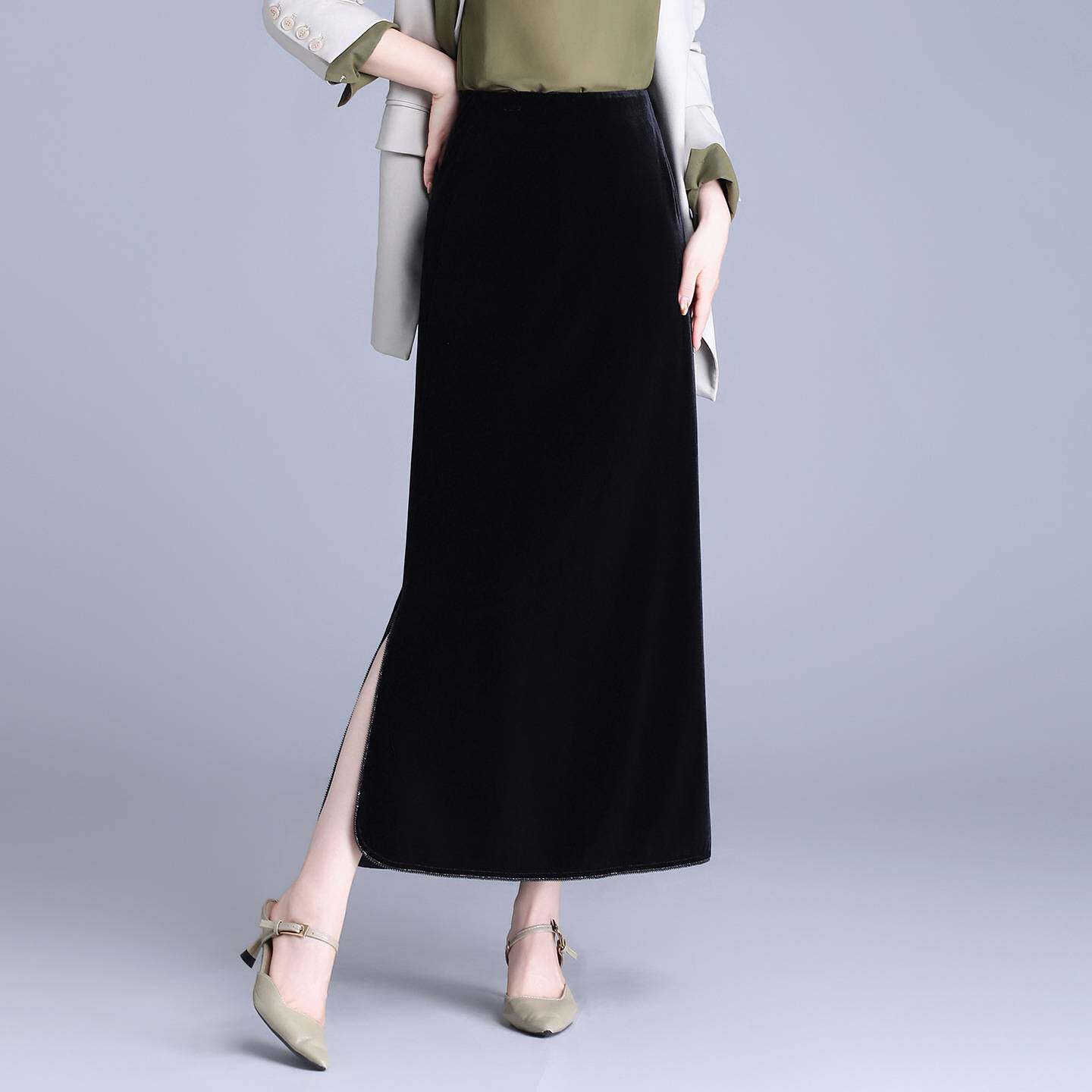 专柜品牌金丝绒半身裙女春秋2026新款高腰显瘦中长款直筒开叉一步