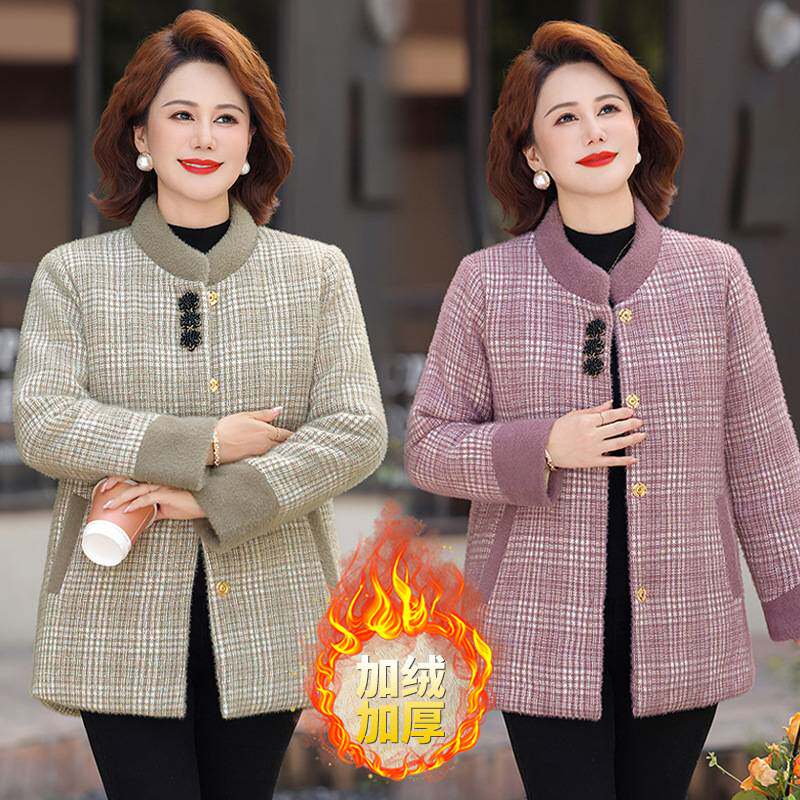 专柜官方妈妈冬装仿水貂绒格子外套5060岁中老年女装高贵减龄加绒