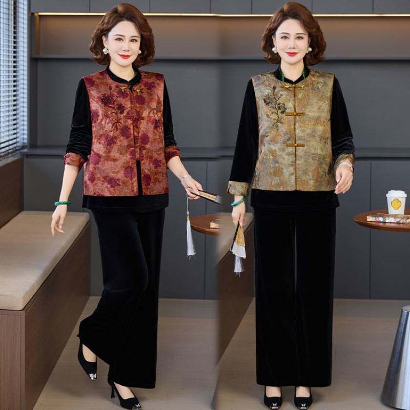 专柜品牌大码妈妈装春装新中式国风三件套装洋气质高贵中老年女装