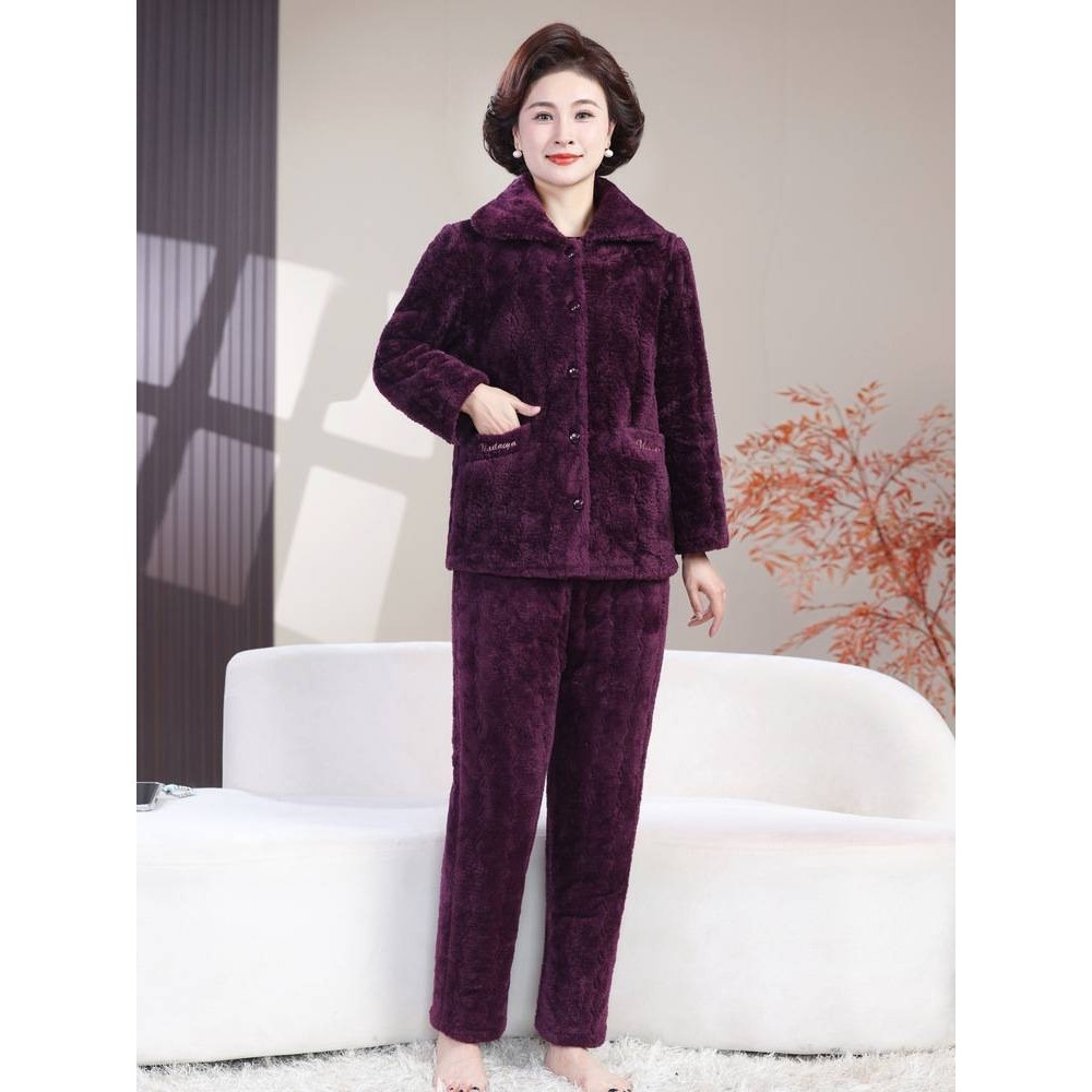 专柜品牌冬季中老年睡衣女连帽加厚加绒套装珊瑚绒三层夹棉老人保