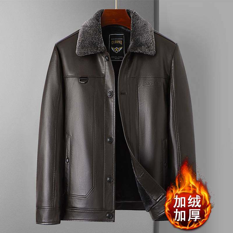 专柜品牌男士加绒加厚皮夹克爸爸冬装皮衣外套中老年男装新款保暖