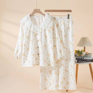 专柜品牌2026春季新款睡衣女士纯棉绉布圆领蕾丝花边可爱家居服套