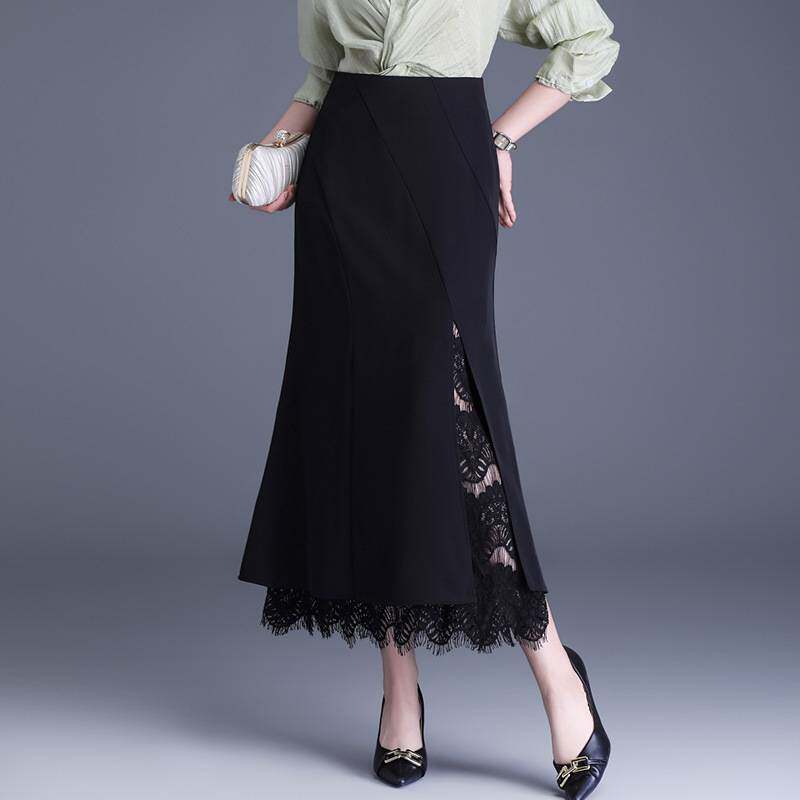 专柜品牌黑色蕾丝拼接鱼尾半身裙女春季2026新款气质高腰修身开叉