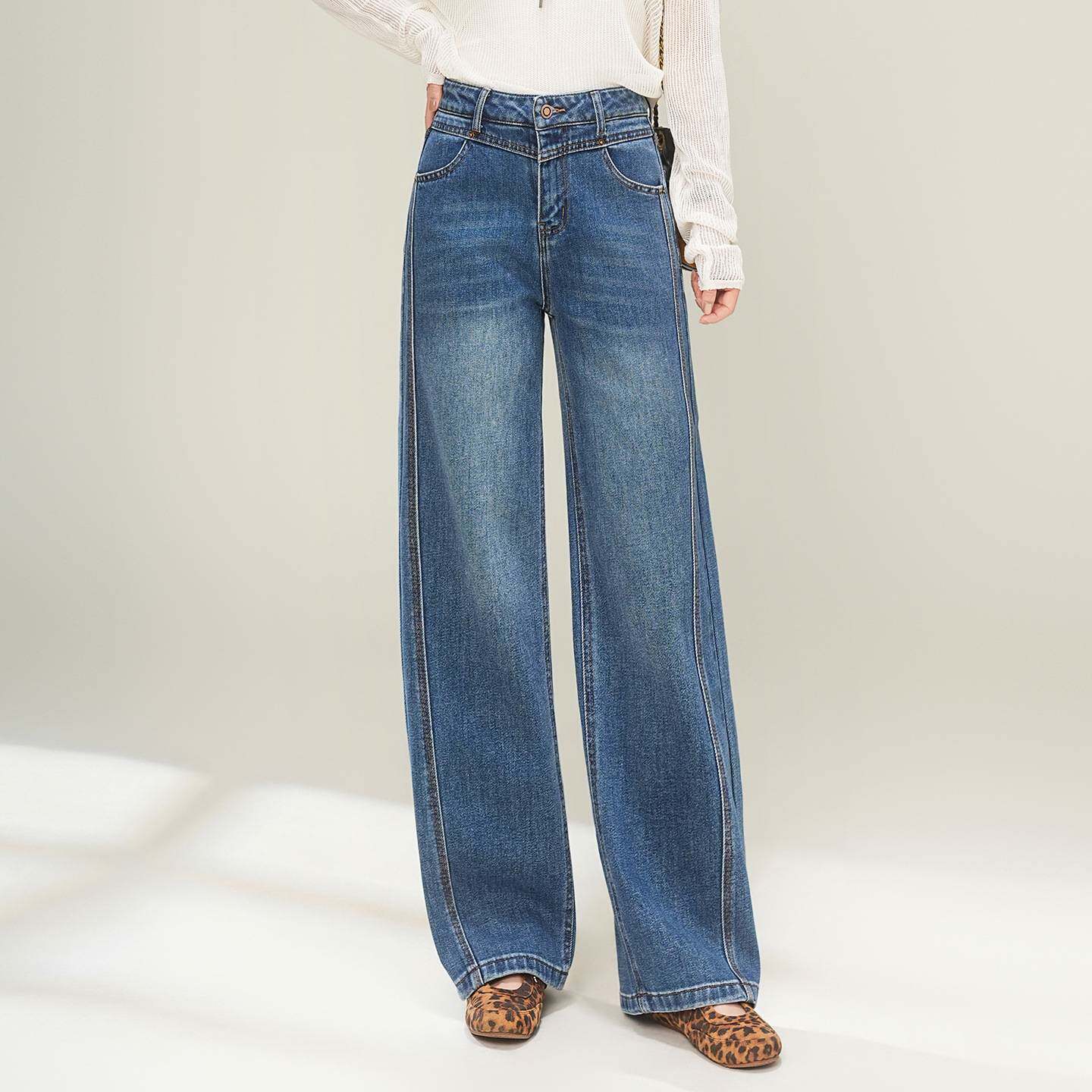 专柜品牌蓝色阔腿弯刀牛仔裤女2026年春秋季新款高腰显瘦大码垂感