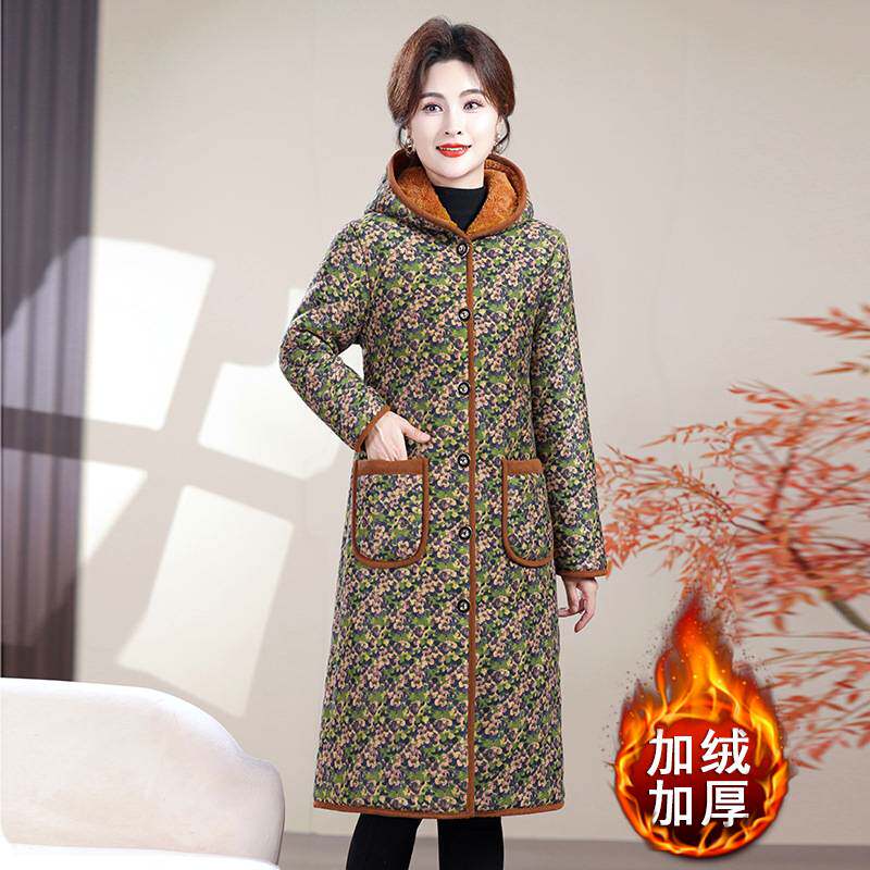 专柜官方秋冬装女士复古碎花加绒加厚连帽棉衣妈妈冬装宽松显瘦中