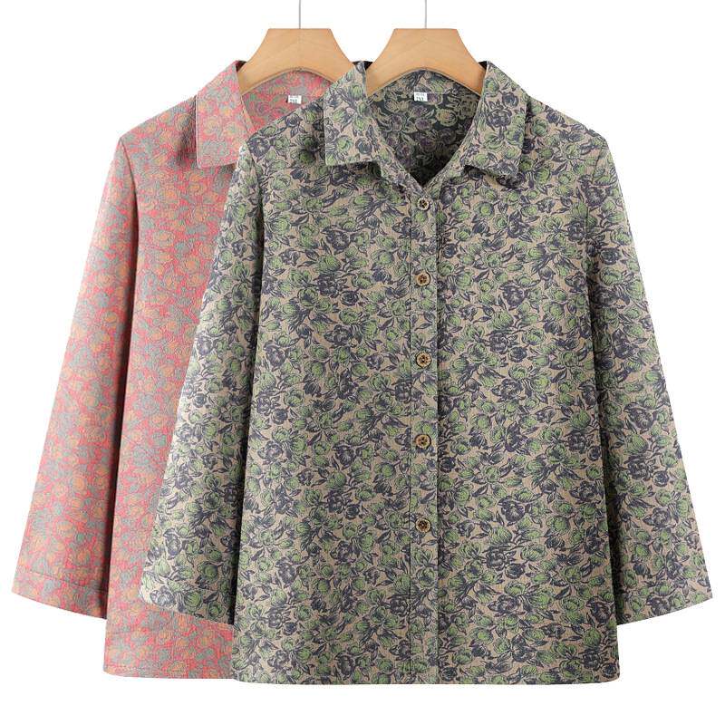 专柜品牌中老年人纯棉衬衫女奶奶春秋装长袖妈妈全棉衬衣老太太翻