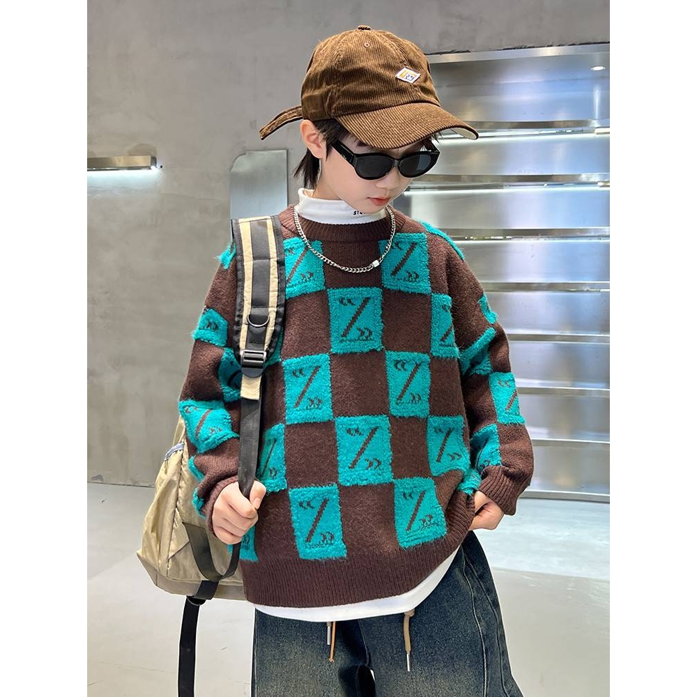 专柜品牌儿童装男童格子毛衣秋冬新款2025中大童韩版针织线衫冬季
