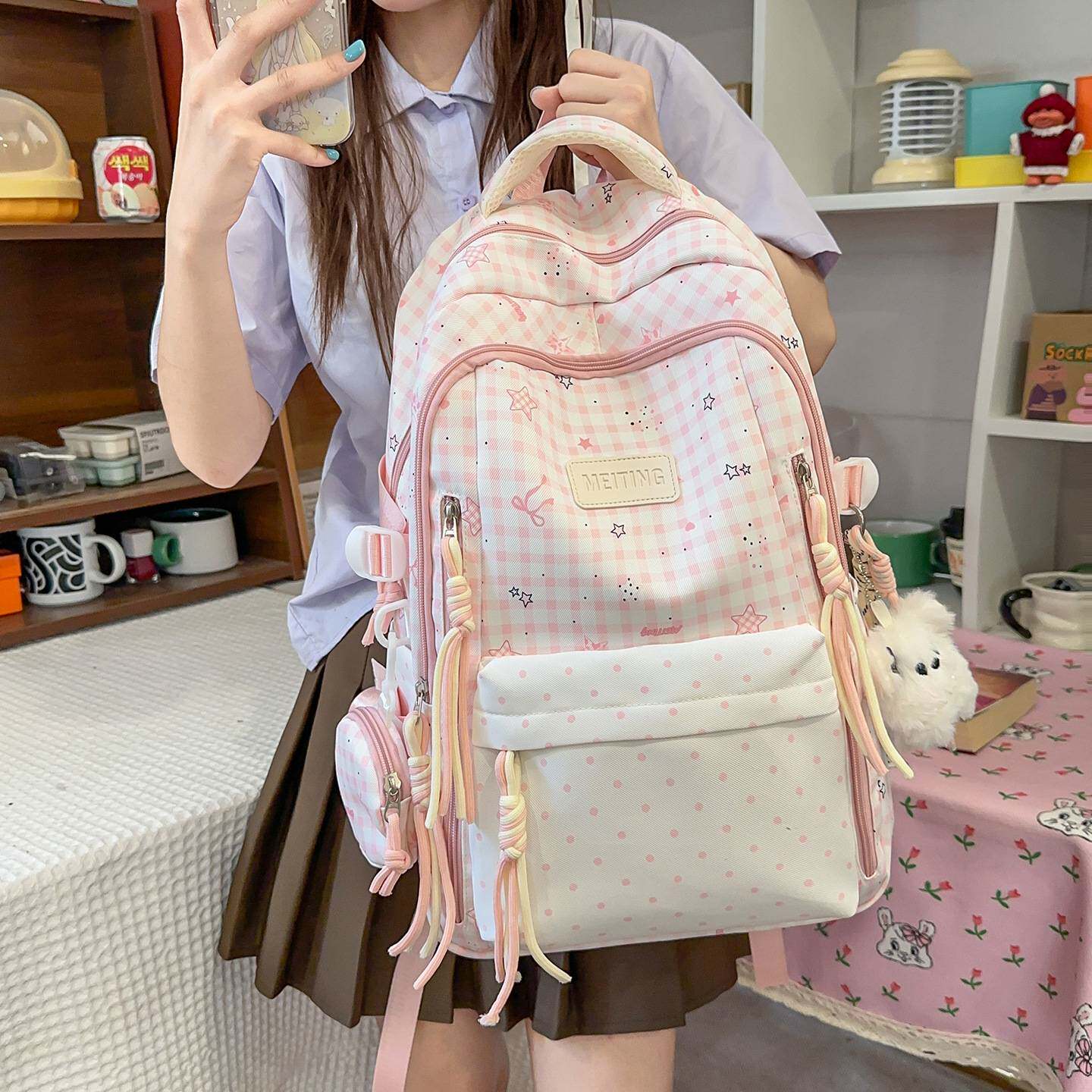 专柜官方文艺格子书包女韩版原宿风初高中学生校园背包清新中学生