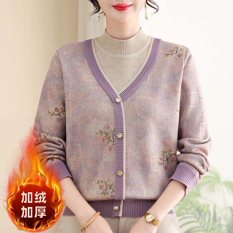 专柜官方中老年女装假两件加绒加厚毛衣妈妈冬装印花针织衫洋气打
