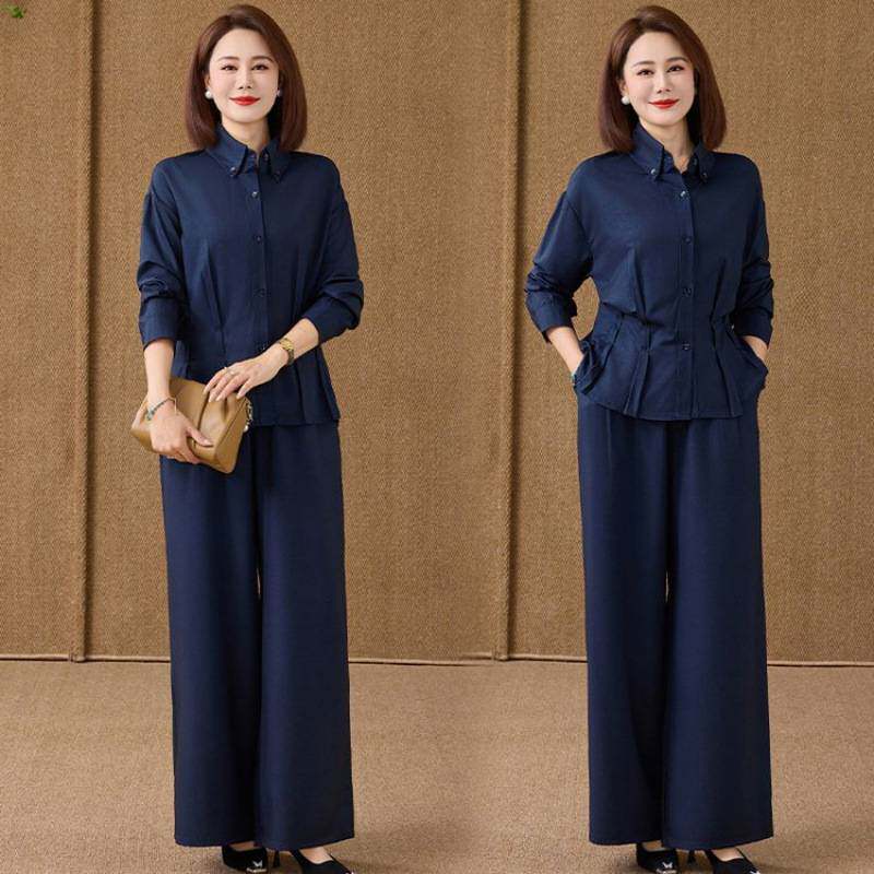 专柜品牌优雅中老年女士深蓝色套装长袖衬衫阔腿裤两件套显瘦时尚