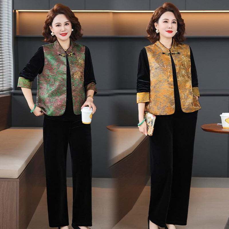 专柜品牌端庄大气妈妈春装套装新中式中老年春秋金丝绒马甲外套洋
