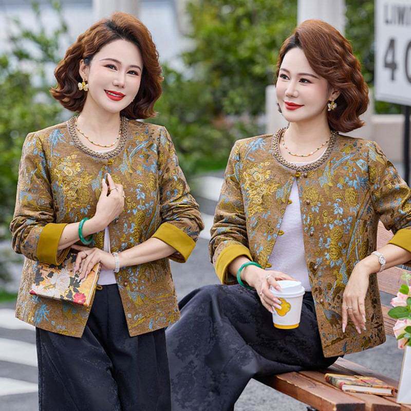 专柜品牌妈妈春装西装外套新款中年女新中式国风小香风上衣短款高