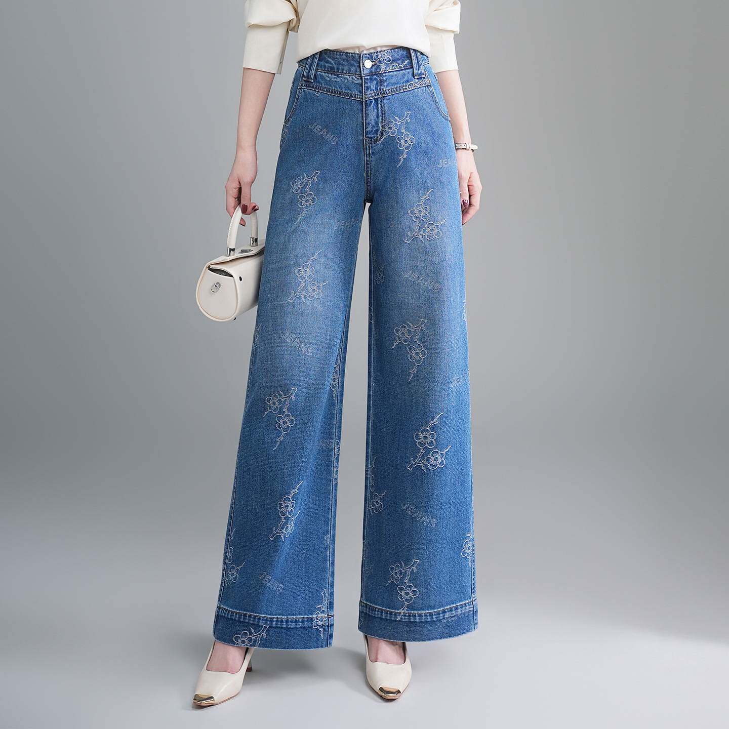 专柜品牌牛仔棉牛仔裤2026年春秋季新款绣花阔腿裤女裤宽松直筒长