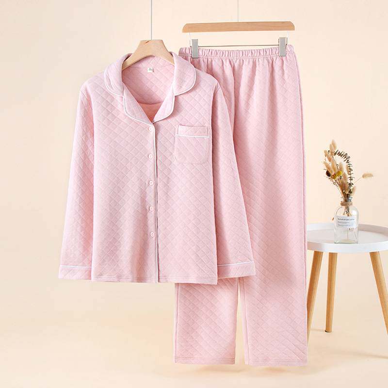 专柜品牌情侣睡衣女秋冬空气层夹棉简约纯色居家服男士无印纯棉家