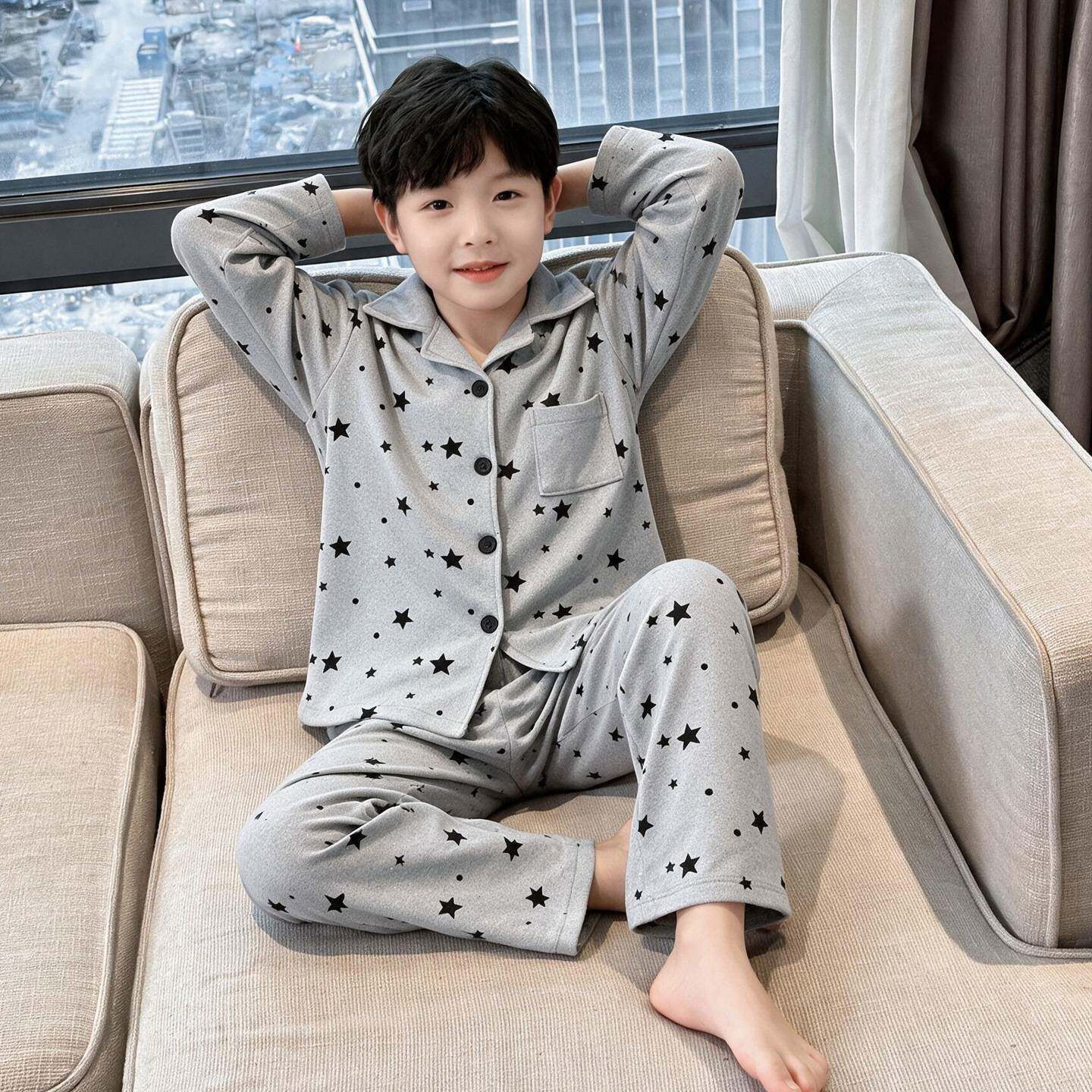 专柜品牌男童翻领开衫睡衣套装时尚休闲春秋款德绒家居服中大童潮