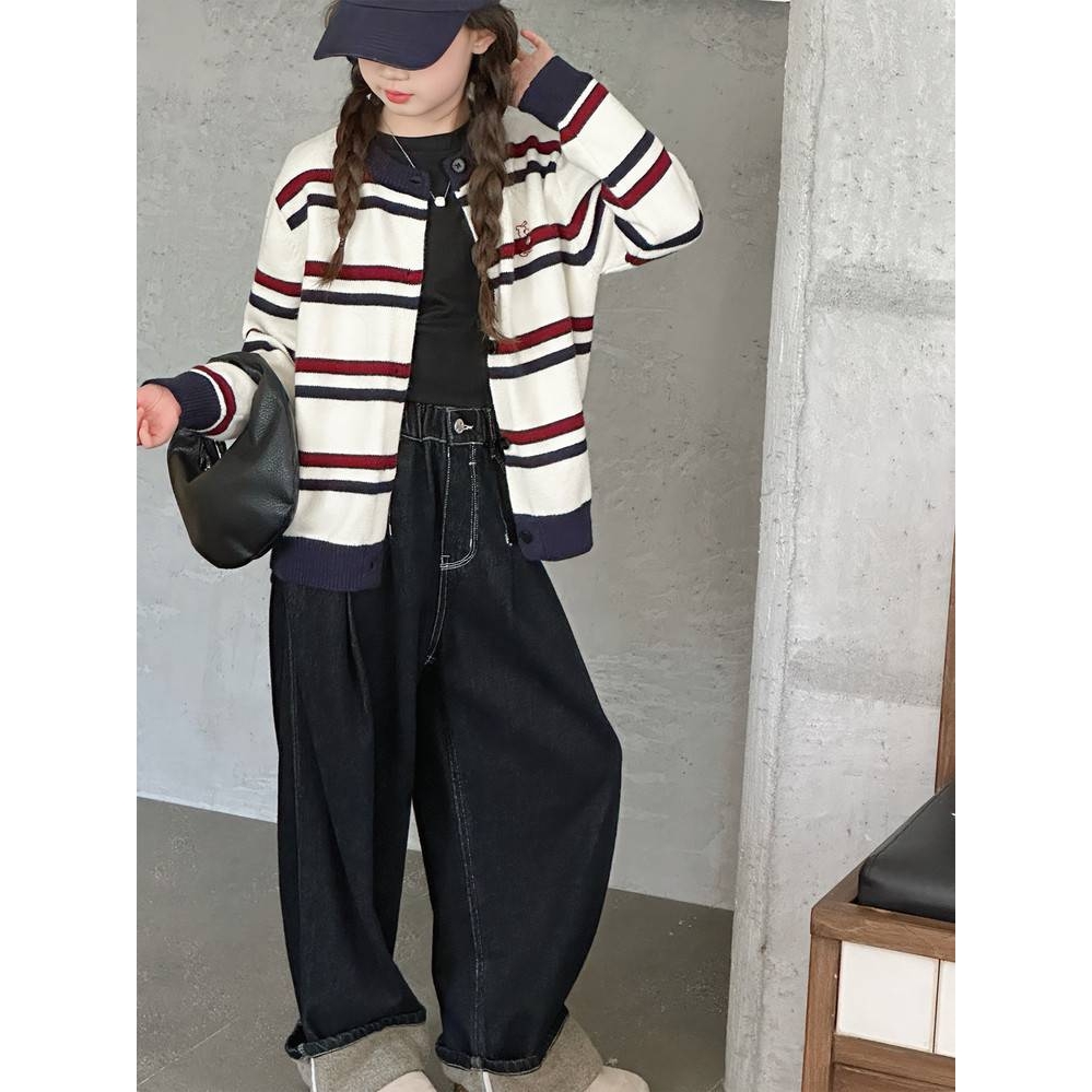 专柜品牌女童毛衣开衫2025秋季新款中大童撞色条纹针织上衣秋冬时