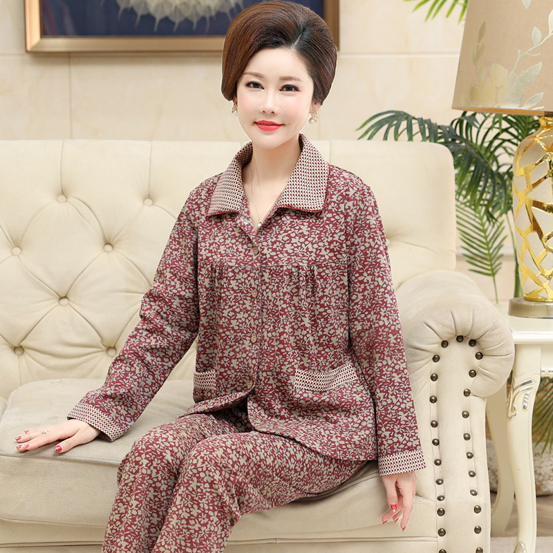 中老年中年妈妈睡衣女春秋季纯棉长袖开衫老人薄款大码家居服套装