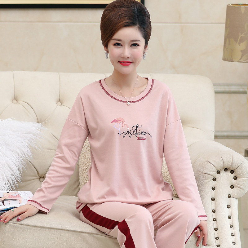 妈妈睡衣女春秋季纯棉长袖中老年人中年加大码薄款套头家居服套装