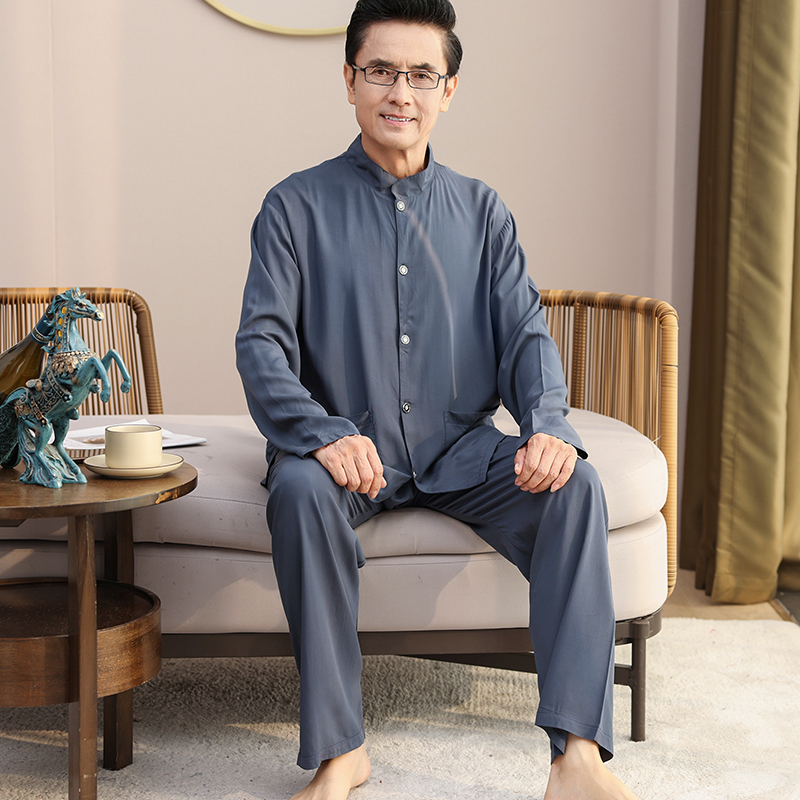睡衣男士棉绸长袖开衫中老年男春秋夏季薄款衬衣棉家居服两件套装