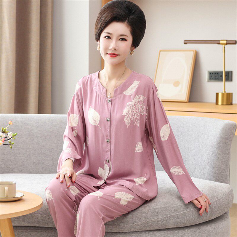 春秋季睡衣套装女长袖长袖棉绸家居服中年妈妈加大码可外穿居家服
